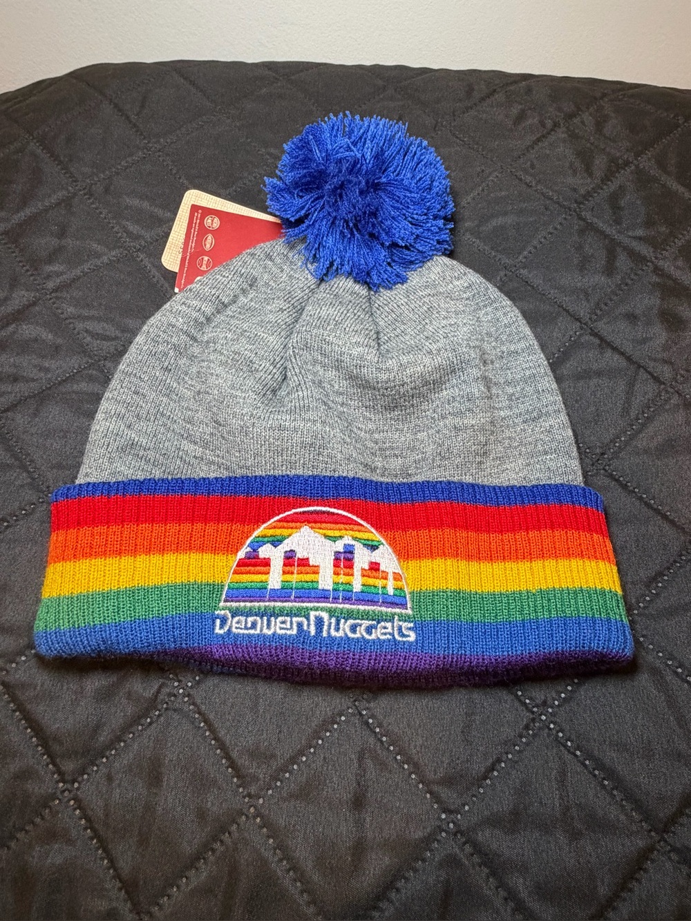 Mitchell & Ness Unisex Denver Nuggets Gray Beanie with Rainbow Stripe and Blue